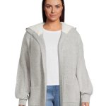 No Boundaries Juniors Plus Cardigan Sweater with Faux Sherpa Lined Hood, Midweight